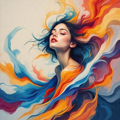 The primary subject of the image is a woman with long hair, who is the main focus of the scene. She is depicted in a colorful and artistic manner, with her hair flowing and her eyes closed. The setting is a vibrant and lively environment, with a backdrop of a colorful painting or a digital artwork. The visual style of the image is a combination of photo, digital art, and illustration, creating a unique and captivating portrait of the woman. The colors and mood of the